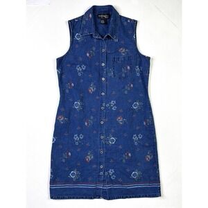 Requirements Petite Denim Dress Women's PM Linen Blend Floral Button Sleeveless